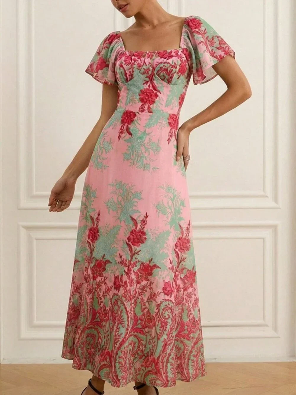 Pink Elegant Women's Floral Print maxi Dress - Picture 6 of 6